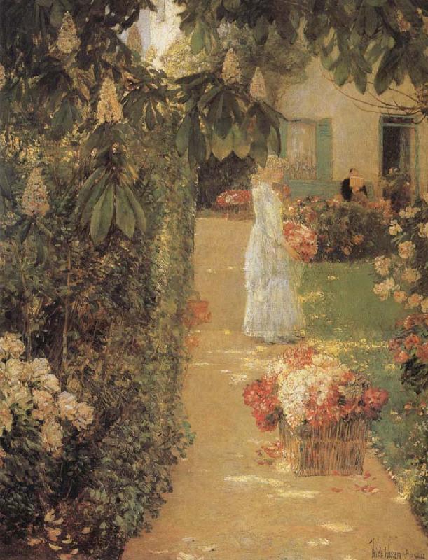 Gathering Flowers in a French Garden, Childe Hassam